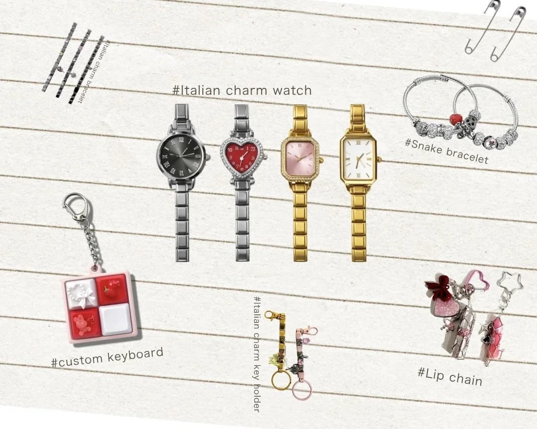Overview of all LuvLab craftable items — Italian charm watches, snake bracelets, keychains, and lip chains