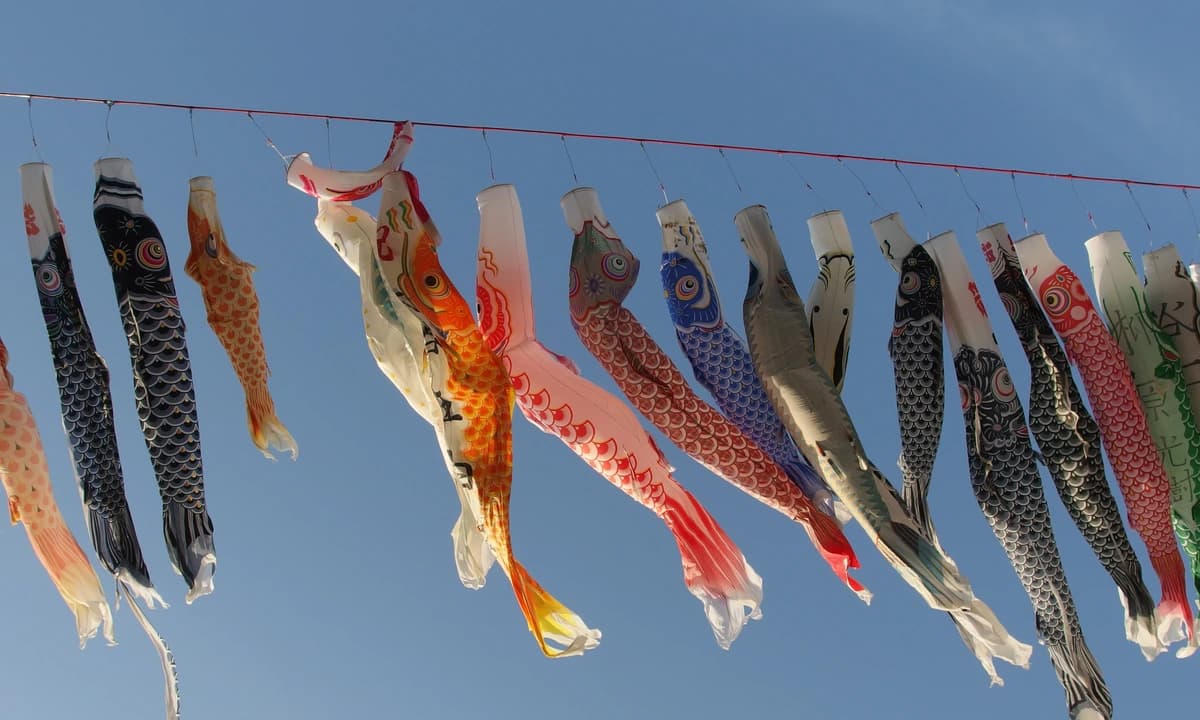 Koinobori carp streamers flying over the Sagami River for Children's Day during Japan's Golden Week