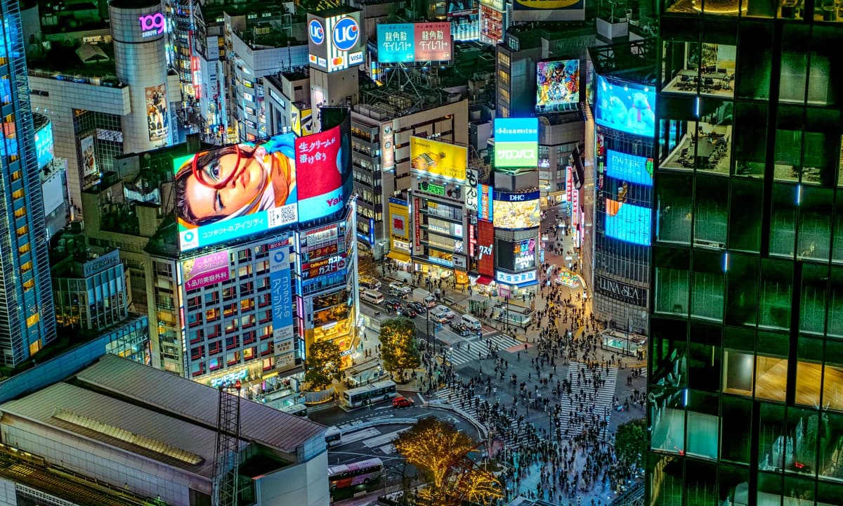 Shibuya Scramble Crossing aerial view, the iconic Jujutsu Kaisen pilgrimage location