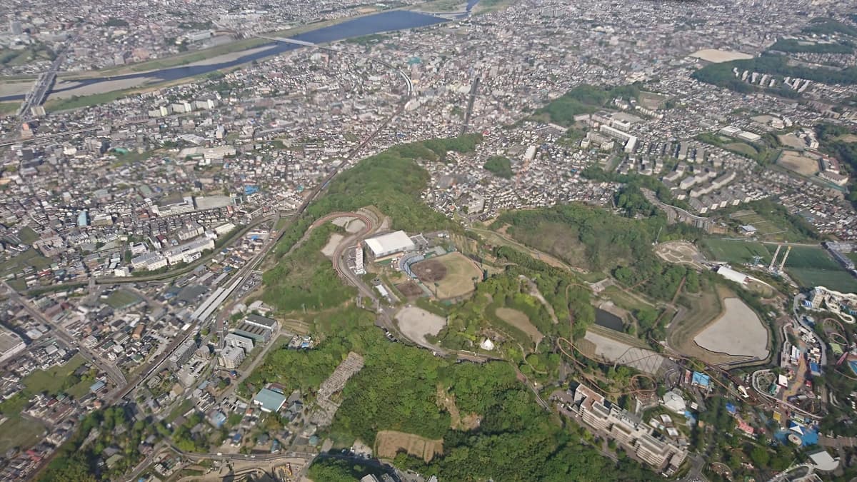 Aerial view of Yomiuriland in Inagi, Tokyo — host venue of PokePark Kanto opened February 2026