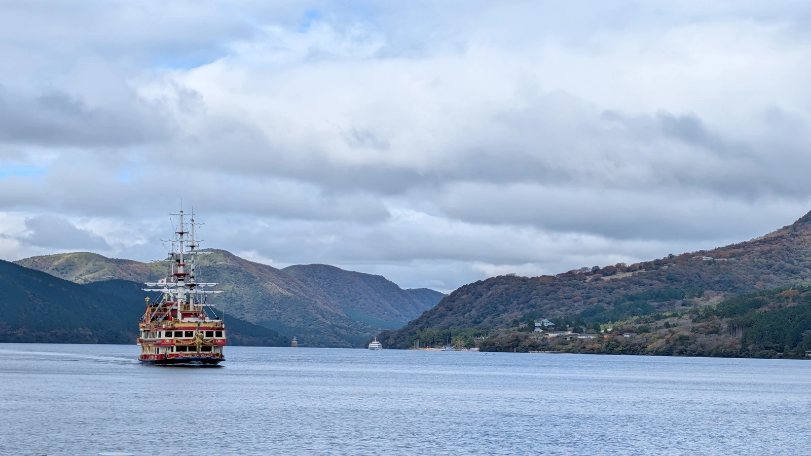 Pirate-themed sightseeing cruise on Lake Ashi in Hakone, the volcanic-lake landscape that inspired Evangelion's Tokyo-3 setting