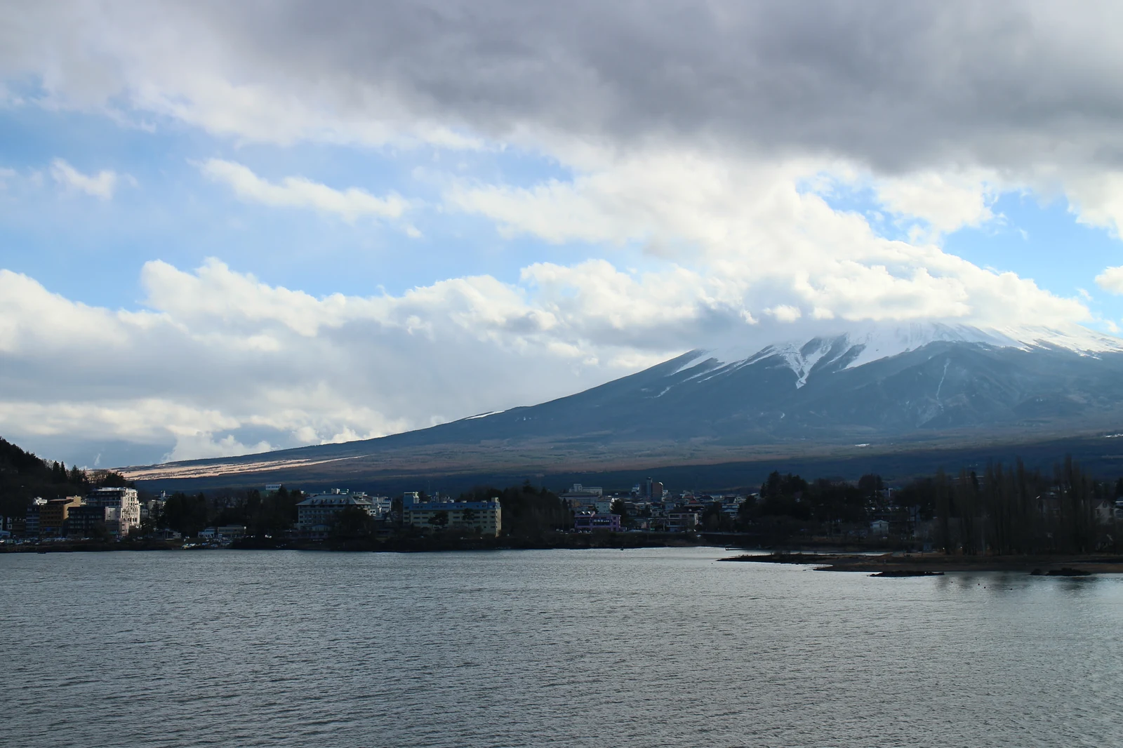 Mt. Fuji viewed across Lake Kawaguchi from the Fujikawaguchiko township shoreline, the lakeside used in Yuru Camp scenes