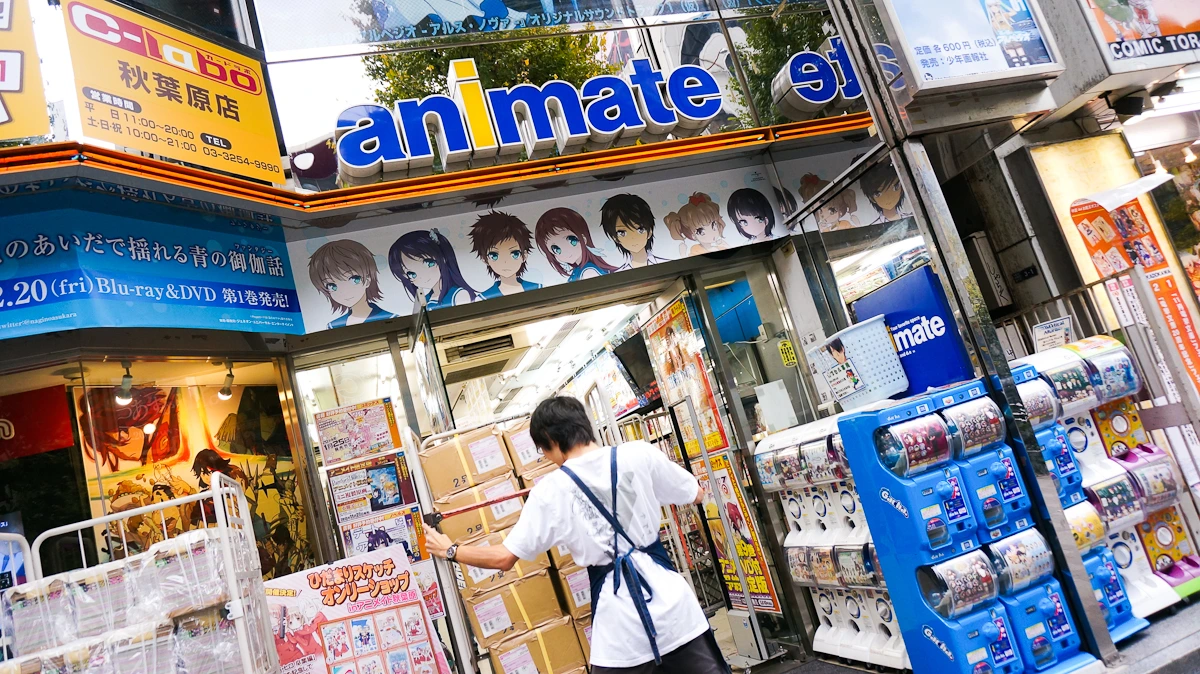 Animate Akihabara main entrance signage and sliding glass doors at the otaku merch retailer