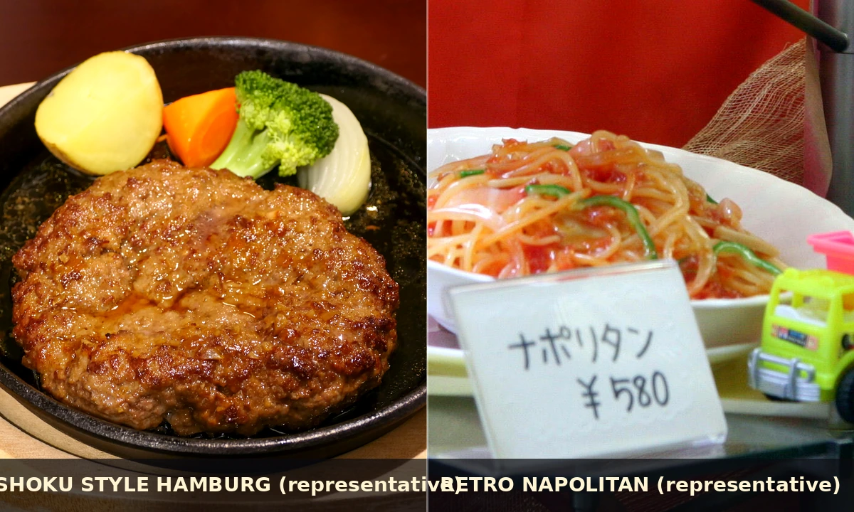 Representative yoshoku Japanese western dishes (hamburg steak and napolitan) that inspire the Detective Conan Cafe 2026 retro menu
