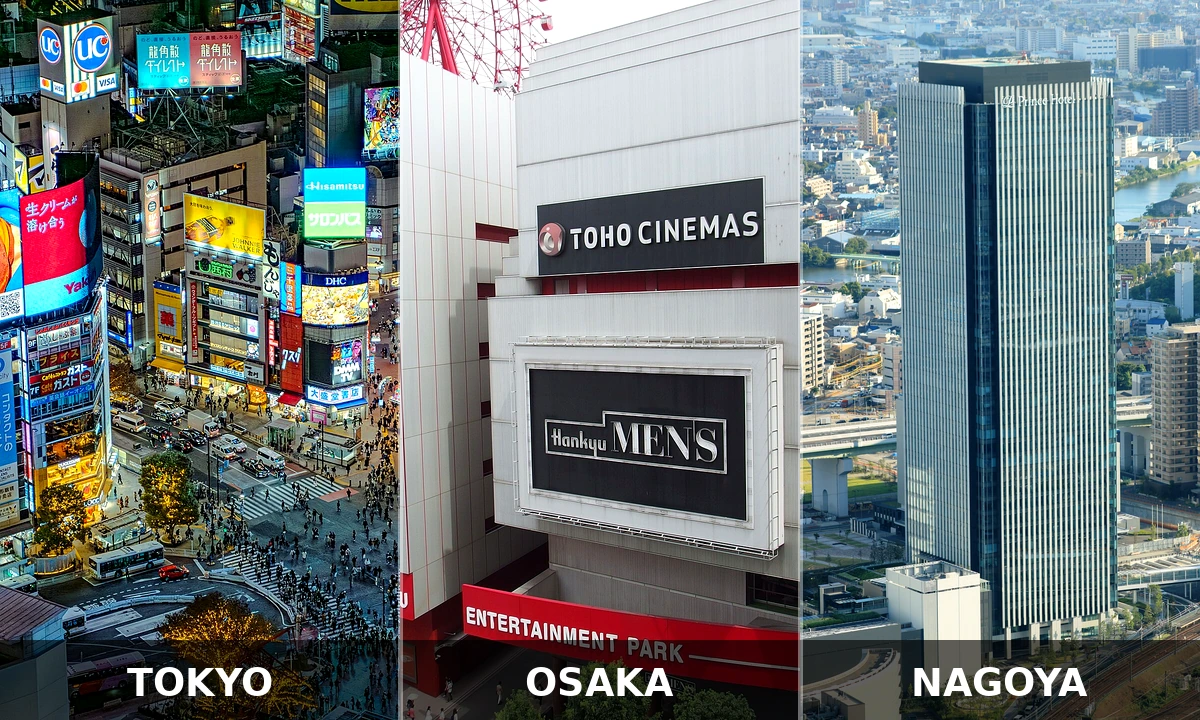 3-city montage of the Tokyo, Osaka, and Nagoya venue areas for Detective Conan Cafe 2026