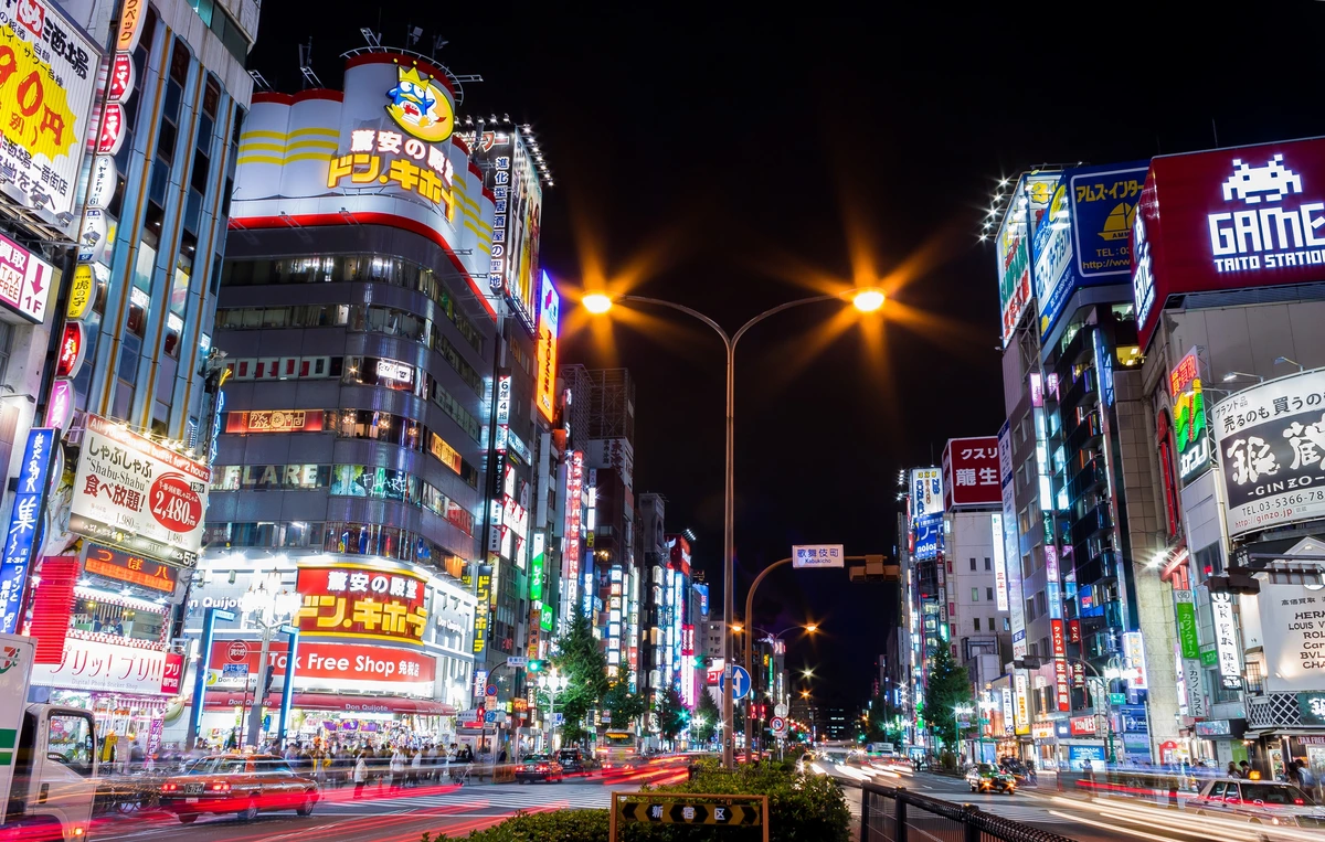 Kabukicho district in Shinjuku Tokyo viewed from Yasukuni-dori , the same daytime block that hosts the Pasela and Loscabos building four minutes from JR Shinjuku east exit