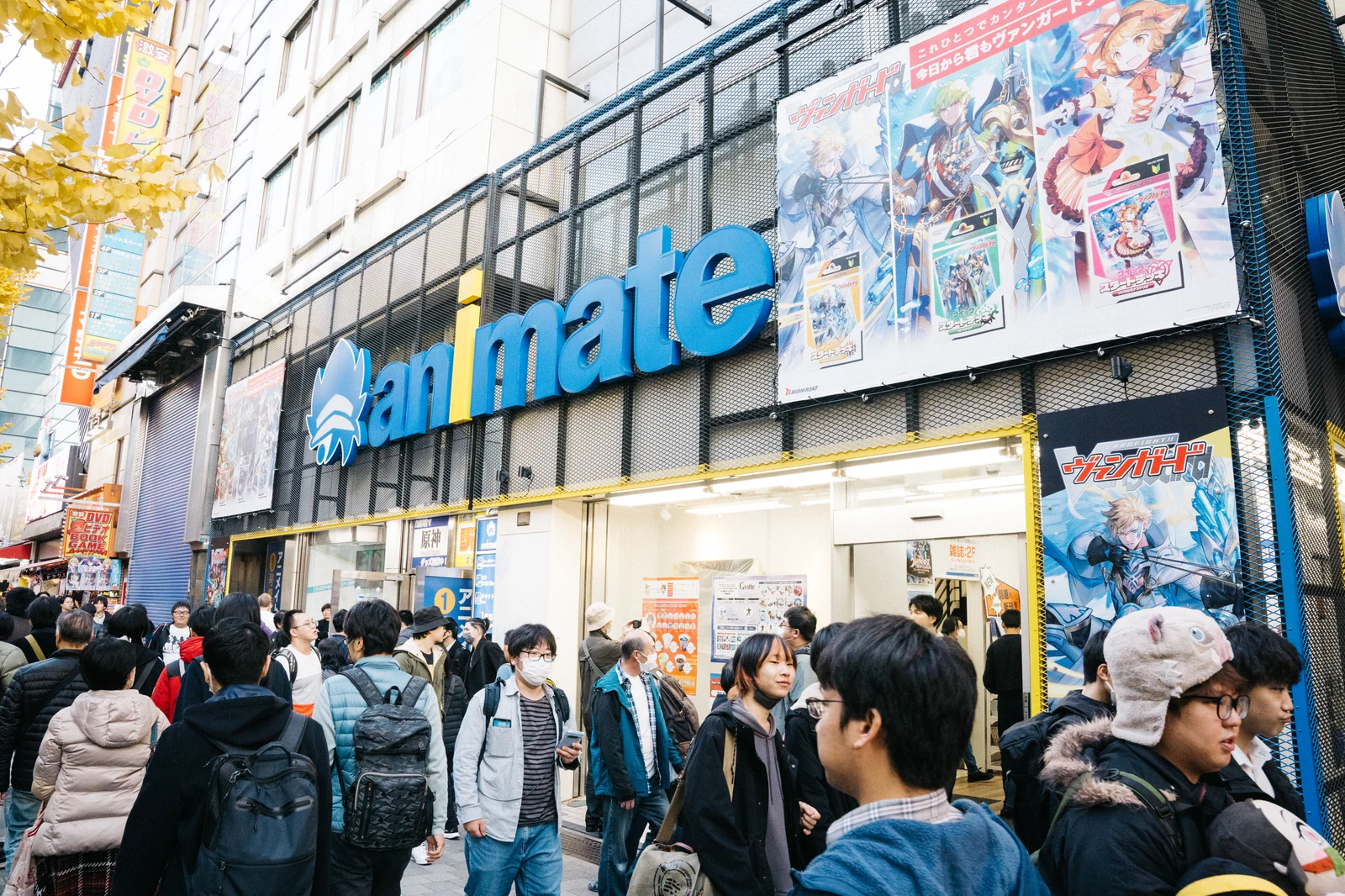 Crowd of anime fans queueing in front of Animate Akihabara on the day of a new collab cafe opening