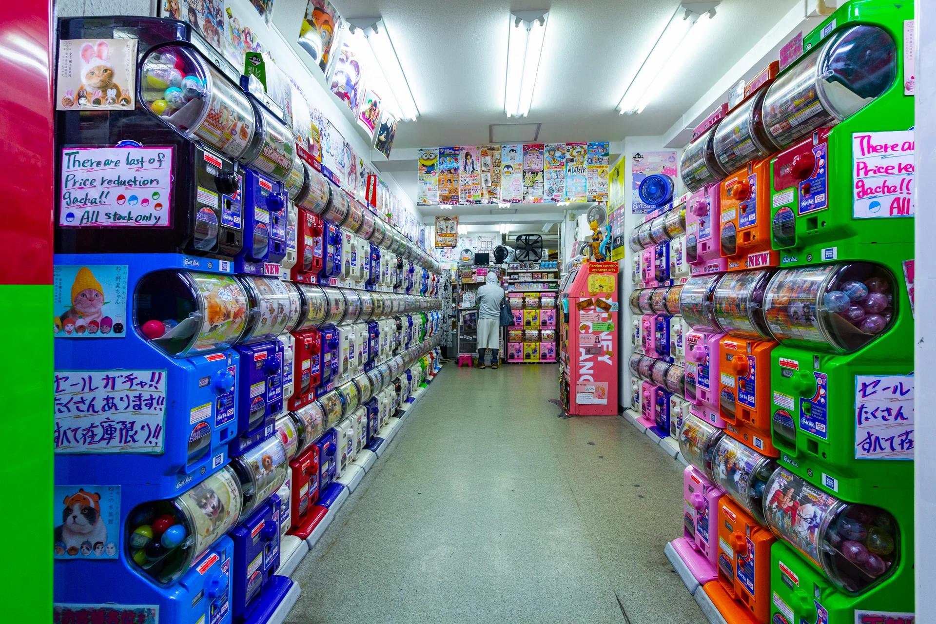 Aisles of gachapon (capsule toy) machines stacked floor-to-ceiling at a specialty shop in Akihabara, Tokyo, a typical destination for proxy buyers hunting limited capsule figures