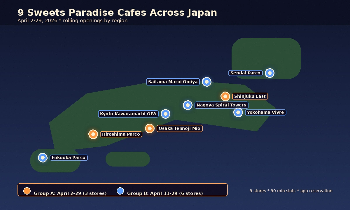 Map of 9 Sweets Paradise branches across Japan running the Jujutsu Kaisen 5th Anniversary cafe in April 2026