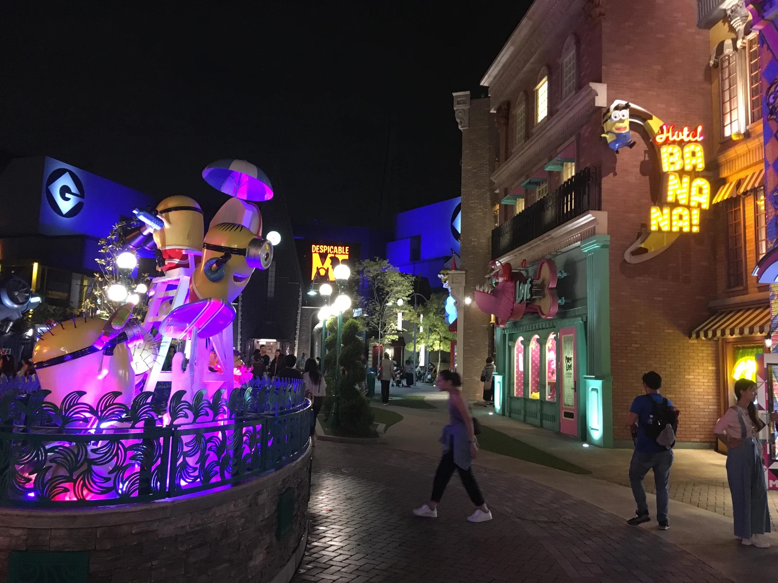 Minion Park themed area at Universal Studios Japan illuminated at night
