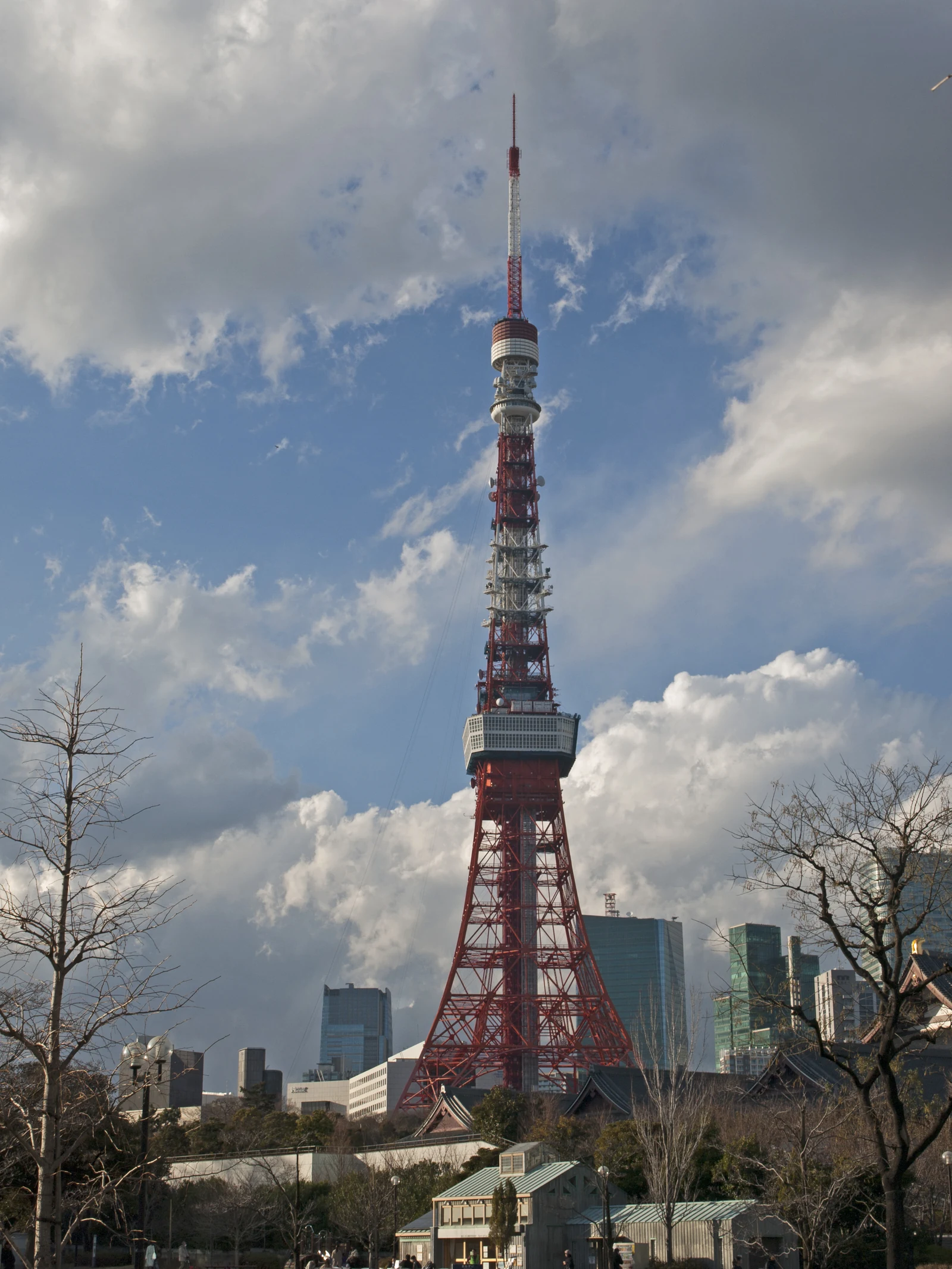 Tokyo Tower viewed from Shiba Park — the postcard angle that frames the bench scene with Suga, Hina, and Hodaka in Weathering With You