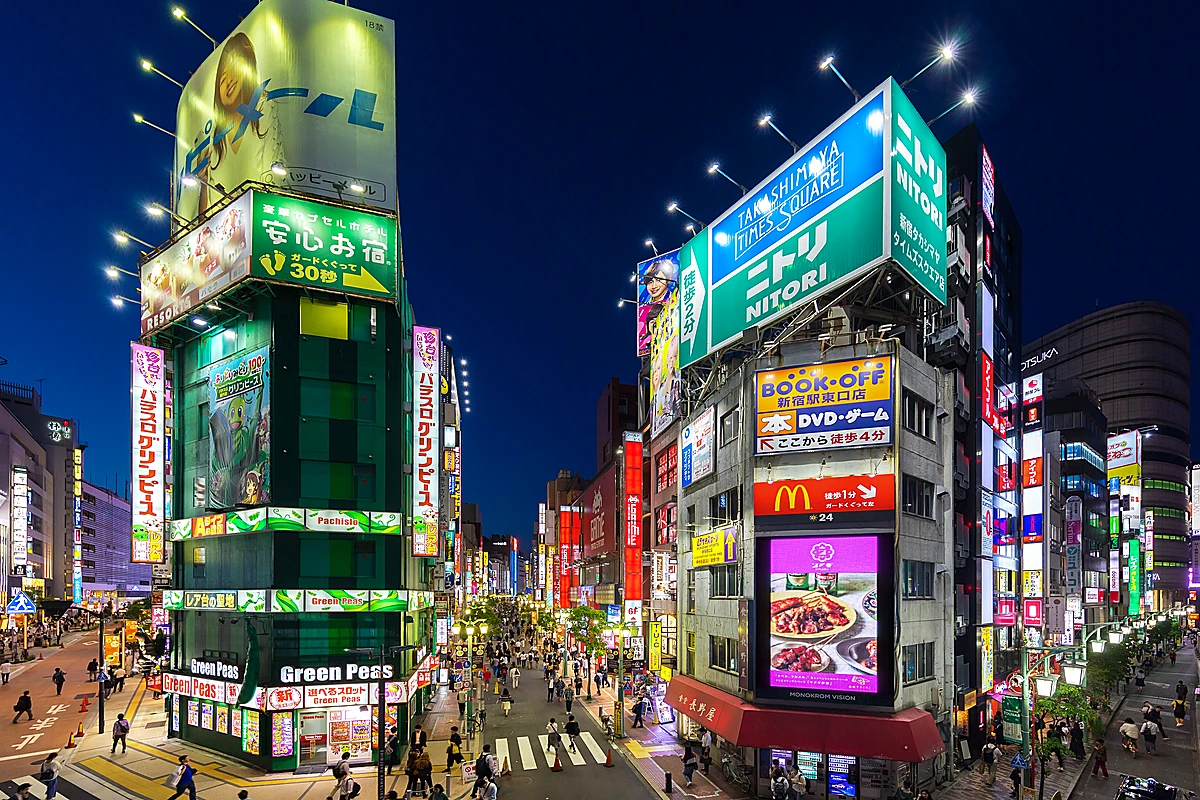 Shinjuku neon signs at dusk, the districts Hodaka crosses through repeatedly during Weathering With You